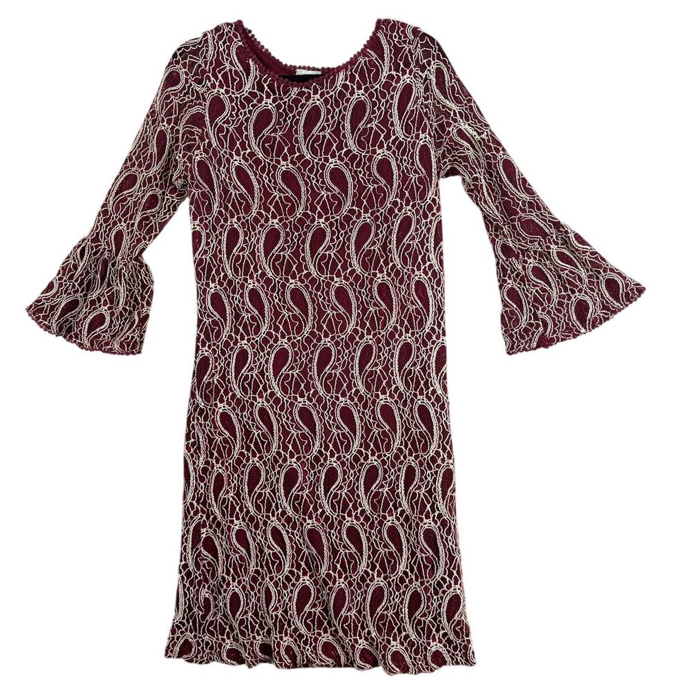 Haani Lace Dress Womens Large Burgundy Paisley Bell Sleeve Sheath